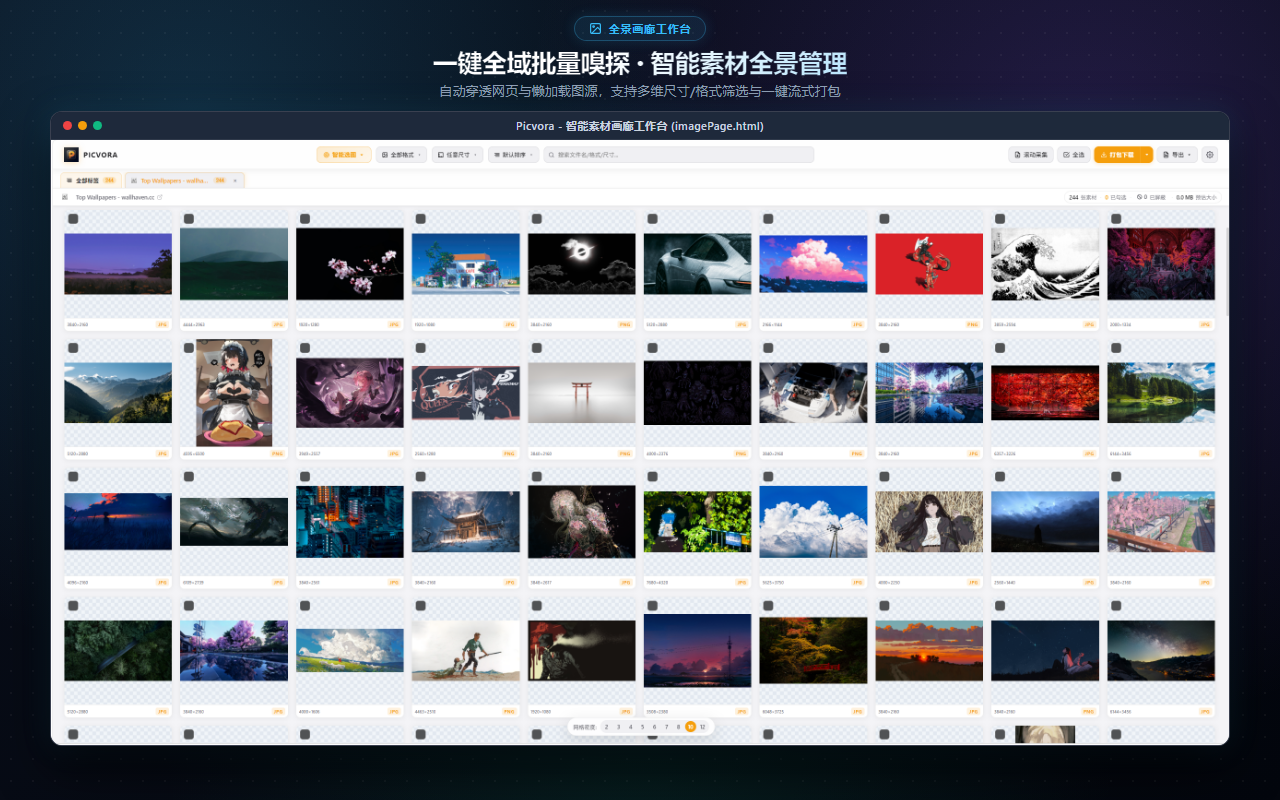 Picvora 素材全景画廊工作台界面 (v1.28.0)